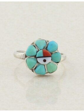 Sterling Silver Turquoise Coral Sun Face Flower Ring Size 4
